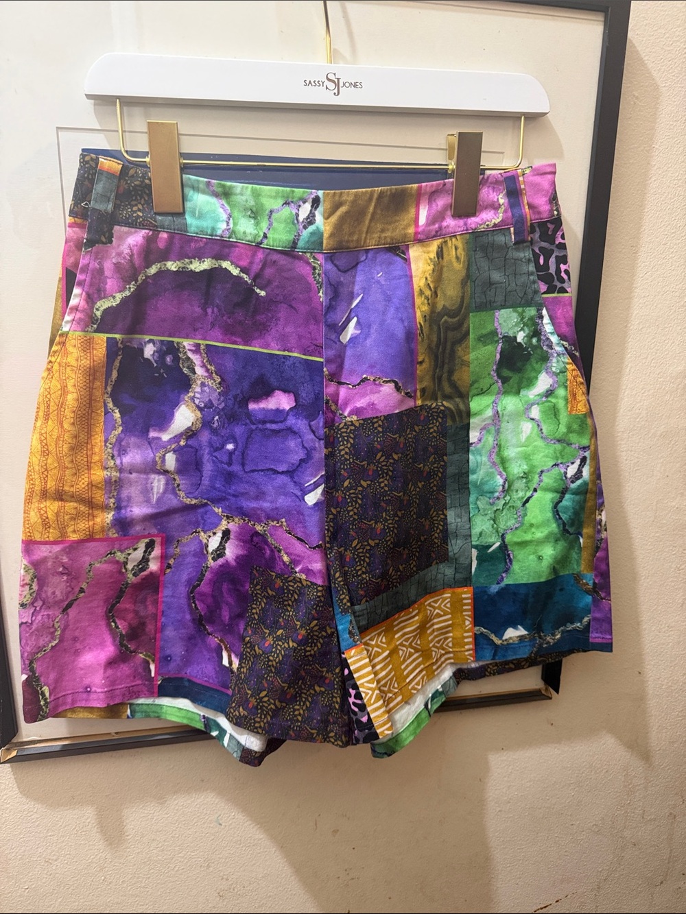 Sassy Jones Patchwork Shorts in Purple, Green & Gold